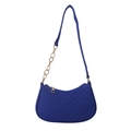 Navy blue felt crescent shoulder bag with V-shaped quilting and gold chain strap - Royal Blue