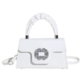 White leather shoulder bag with ruched round handle and sparkling crystal buckle detail - White