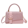 Pink sequin square handbag with metallic trim and adjustable strap for women - Pink