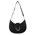 Minimalist black leather half-moon shoulder bag with vintage gold D-buckle and chain strap - Black
