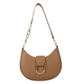 Caramel brown crescent shoulder bag with gold D-ring buckle and metal chain strap - Khaki