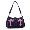 Minimalistische Y2K Leinwand Achseltasche in Marineblau mit rosa Kreuz-Applikationen - Blau