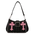 Schwarze Canvas Baguette Tasche mit rosa Gothic Kreuzen und silberner Kette - Schwarz
