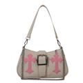 Schicke beige Canvas-Tasche mit rosa Iris-Kreuz-Patches und silberner Kette - Weiß