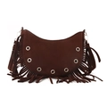 Dunkelbraune Wildleder Schultertasche mit langen Fransen und Metallösen im Trend - Braun