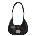 Minimalist black hobo shoulder bag with a large golden buckle and smooth leather texture - Black