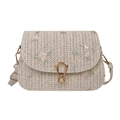 Beige straw woven saddle bag with delicate pink floral embroidery and gold U-shaped clasp - Off White
