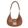 Brown leather crescent hobo bag with gold metal buckle closure on white background - Brown