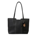 Fashionable black large capacity tote bag with white contrast stitching and sheep pendant - With Pendant / Black
