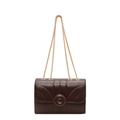 Dark brown quilted leather crossbody bag with elegant gold chain strap and round buckle - Brown