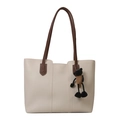 Cream white tote bag with deep brown shoulder straps and a cute sheep plush charm pendant - With Pendant / White
