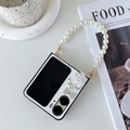 Foldable phone case detail with resin roses, crystal butterflies and pearl strap - Cross-grain Bow Flower (With Pearl Chain) / White / OPPO Find N2 Flip