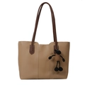 Large khaki leather tote bag with dark brown straps and a cute sheep pendant charm - With Pendant / Khaki