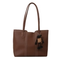 Brown tote bag with white contrast stitching and a small sheep charm accessory - With Pendant / Brown