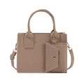 Bolso tote de fieltro marrón con grabado geométrico y monedero pequeño a juego - Caqui