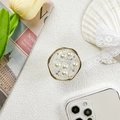Dettaglio del supporto per telefono dorato con perle incastonate e scaglie d'argento - Stile Foglia d'Argento Perla Anello Intrecciato Colla a Goccia