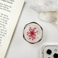 Detail eines Handy-Griffs mit roten Trockenblumen und gewelltem Gold-Metallrahmen - Harzständer - Gedrehter Ring Echte Blume / Rot