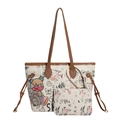 Graffiti print tote en pouch set met bruine leren bandjes en artistieke beerpatronen - Wit
