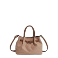 Elegant retro camel suede bucket bag with dark brown leather trim and adjustable strap - Khaki