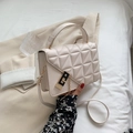 Beige quilted PU leather handbag with elegant diamond pattern and gold-tone chain lock - Off White
