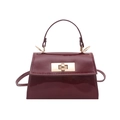 Mini wine red patent leather trapezoid handbag with gold metal clasp and crossbody strap - Red