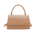Elegante borsa beige con tessuto glitterato e tracolla in pelle liscia - Cachi