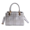 Minimalist silver faux leather square tote with stitched plaid pattern and gold hardware - No Pendant / Silver