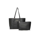 Minimalist black faux leather large tote bag set with matching inner zipper pouch - Two-Piece Set / Black
