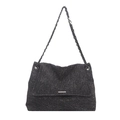 Dunkelgraue Tweed-Tasche mit silberner Kette und rechteckiger Metallschnalle - Schwarz