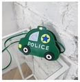 Close-up of a green cartoon police car crossbody bag for kids with yellow star details - Green