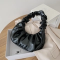 Chic black pleated croissant bag in soft leather with elegant ruched handle design - Black