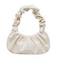 Minimalist cream white pleated PU leather crescent cloud bag with elastic ruched handle - White
