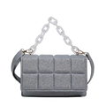 Silver quilted sequin square bag with acrylic chain and crossbody strap for women - Silver
