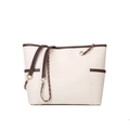 Bolso tote crema con ribete marrón, correa de cadena y textura de cuero granulado - Marrón Oscuro