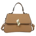Classic tan leather square handbag with golden wave buckle and adjustable strap - Khaki