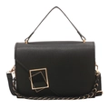 Black minimalist satchel with gold geometric buckle and asymmetric flap on white background - Black