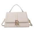 Sac à bandoulière minimaliste en cuir beige avec boucle dorée en R et poignée supérieure - Blanc