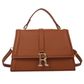 Sac à main carré marron caramel chic avec boucle R dorée et poignée pour femme - Marron
