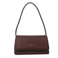 Minimalist chocolate brown shoulder bag with gold logo and matte synthetic leather finish - Brown
