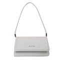 White leather shoulder bag with gold lettering and minimalist flap design for women - White