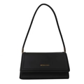 Chic black matte flap shoulder bag with gold logo and minimalist strap design - Black