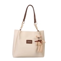 Beige oversized tote bag in textured faux leather with fashion label and bear charm - Brown With Pendant