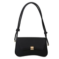 Elegant black leather baguette shoulder bag with gold metal buckle and knotted strap detail - Black