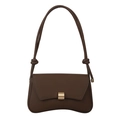 Dark brown leather shoulder bag with curved base and golden metallic buckle detail - Brown