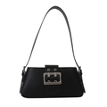 Minimalist black PU leather underarm bag with vintage large silver square buckle - Black