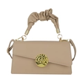 Khaki leather small square crossbody bag with gathered handle and gold circular hardware - Khaki