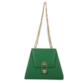 Trapezoid green leather handbag with gold hexagon lock and chain strap on white background - Green