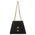 Trapezoid black shoulder bag with gold chain strap and stylish double hexagon metal lock - Black