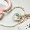 Detail of Korean style resin phone grip with green ink bead and elegant pearls - Irregular Ring Retro Green Spotted Square