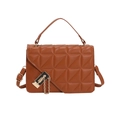 Detail of brown quilted faux leather handbag featuring a geometric pattern and gold clasp - Brown
